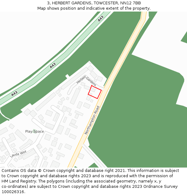 3, HERBERT GARDENS, TOWCESTER, NN12 7BB: Location map and indicative extent of plot