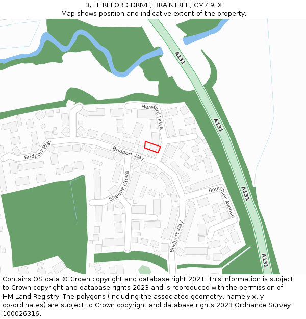 3, HEREFORD DRIVE, BRAINTREE, CM7 9FX: Location map and indicative extent of plot