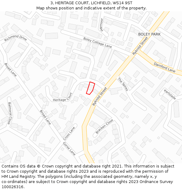 3, HERITAGE COURT, LICHFIELD, WS14 9ST: Location map and indicative extent of plot