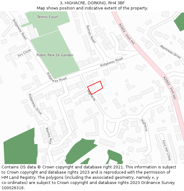 3, HIGHACRE, DORKING, RH4 3BF: Location map and indicative extent of plot