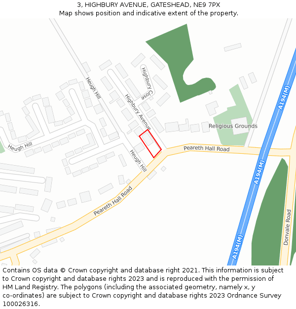 3, HIGHBURY AVENUE, GATESHEAD, NE9 7PX: Location map and indicative extent of plot