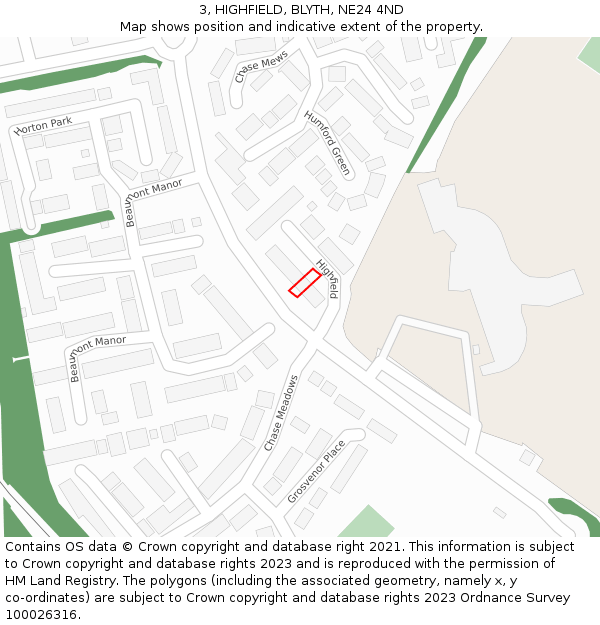 3, HIGHFIELD, BLYTH, NE24 4ND: Location map and indicative extent of plot