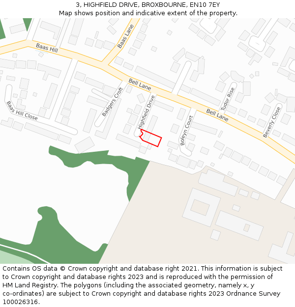 3, HIGHFIELD DRIVE, BROXBOURNE, EN10 7EY: Location map and indicative extent of plot