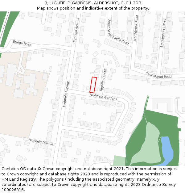 3, HIGHFIELD GARDENS, ALDERSHOT, GU11 3DB: Location map and indicative extent of plot
