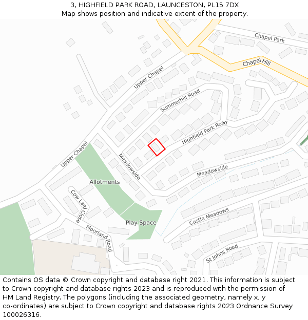 3, HIGHFIELD PARK ROAD, LAUNCESTON, PL15 7DX: Location map and indicative extent of plot