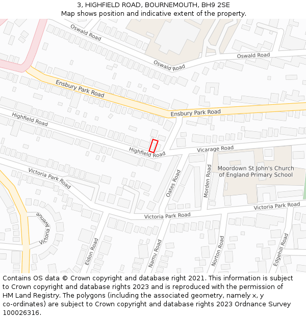3, HIGHFIELD ROAD, BOURNEMOUTH, BH9 2SE: Location map and indicative extent of plot