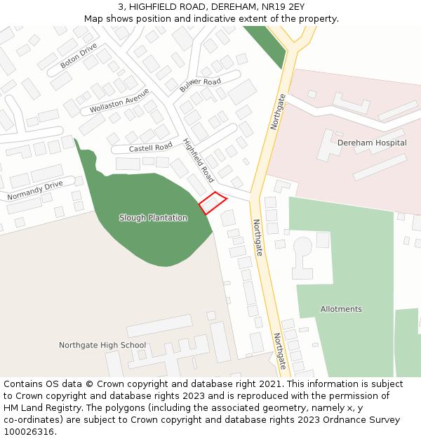 3, HIGHFIELD ROAD, DEREHAM, NR19 2EY: Location map and indicative extent of plot