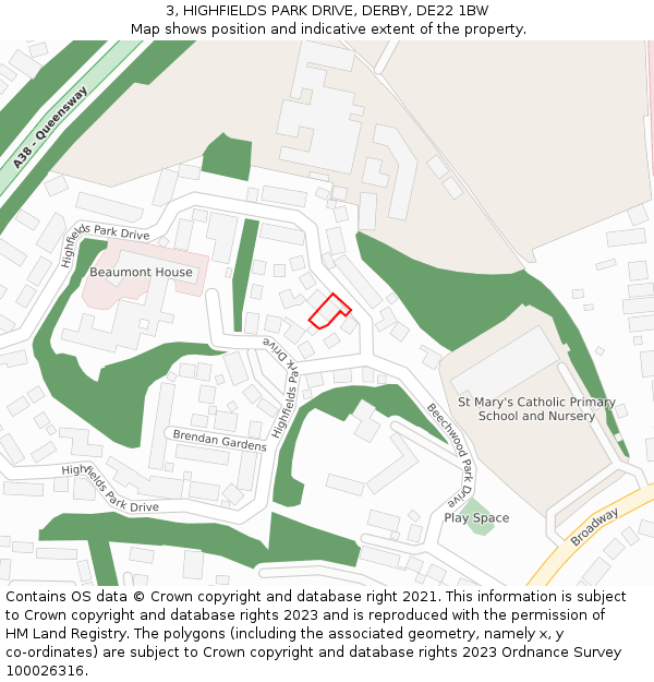 3, HIGHFIELDS PARK DRIVE, DERBY, DE22 1BW: Location map and indicative extent of plot