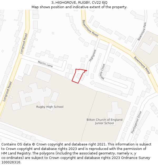 3, HIGHGROVE, RUGBY, CV22 6JQ: Location map and indicative extent of plot