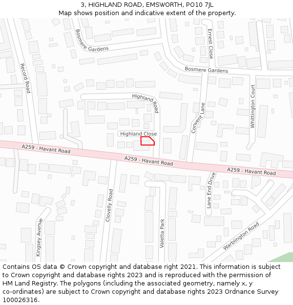 3, HIGHLAND ROAD, EMSWORTH, PO10 7JL: Location map and indicative extent of plot