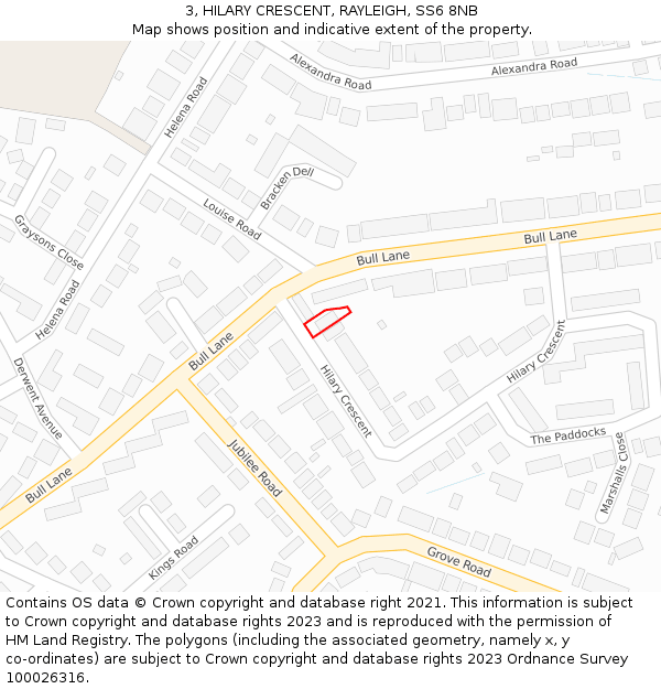 3, HILARY CRESCENT, RAYLEIGH, SS6 8NB: Location map and indicative extent of plot