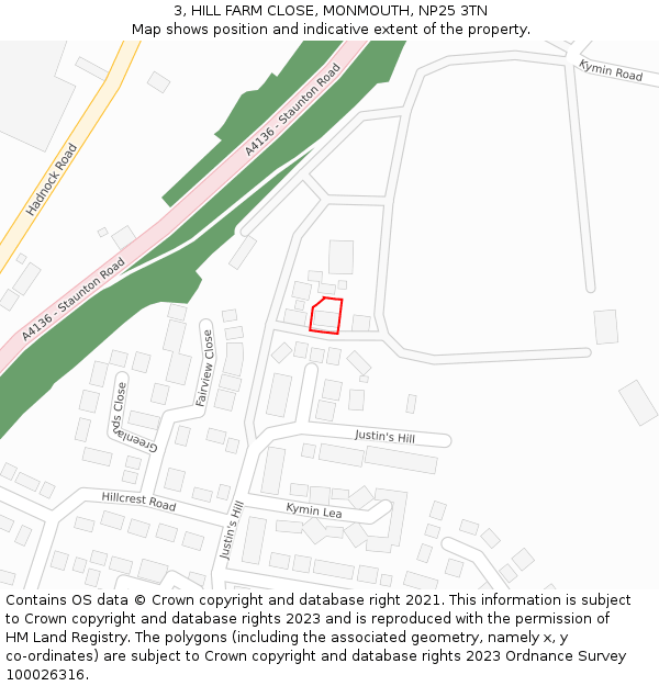 3, HILL FARM CLOSE, MONMOUTH, NP25 3TN: Location map and indicative extent of plot