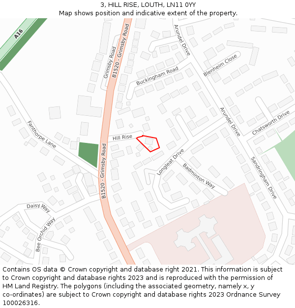 3, HILL RISE, LOUTH, LN11 0YY: Location map and indicative extent of plot