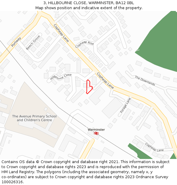 3, HILLBOURNE CLOSE, WARMINSTER, BA12 0BL: Location map and indicative extent of plot