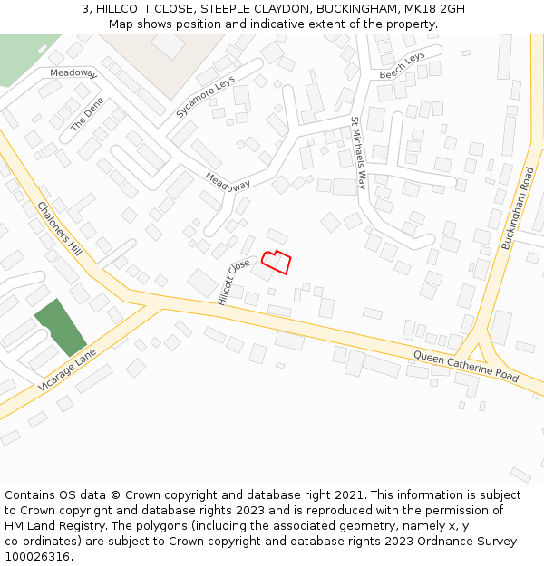 3, HILLCOTT CLOSE, STEEPLE CLAYDON, BUCKINGHAM, MK18 2GH: Location map and indicative extent of plot