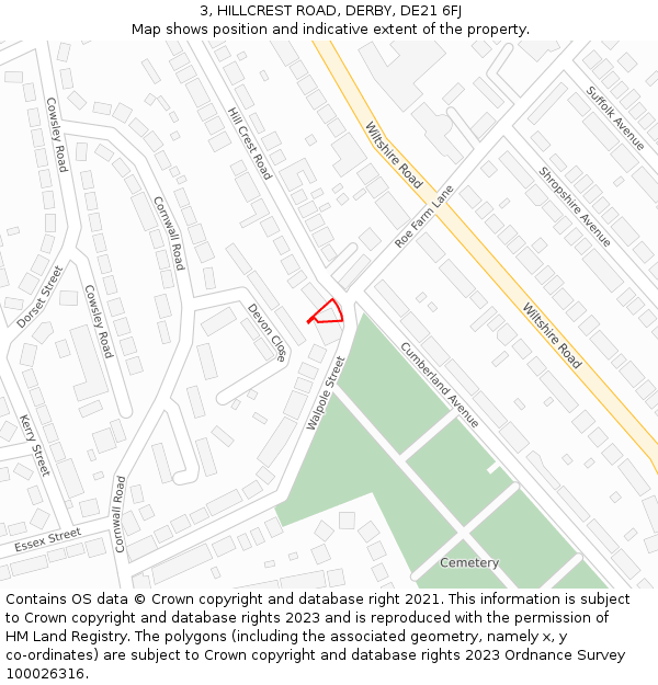 3, HILLCREST ROAD, DERBY, DE21 6FJ: Location map and indicative extent of plot