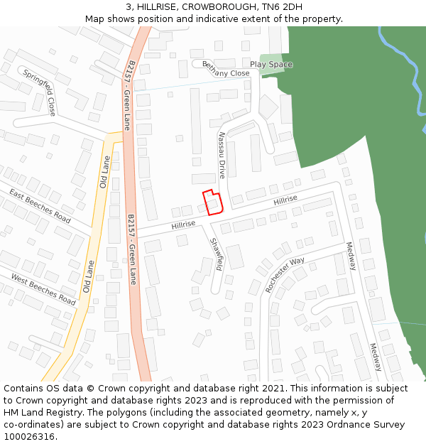 3, HILLRISE, CROWBOROUGH, TN6 2DH: Location map and indicative extent of plot