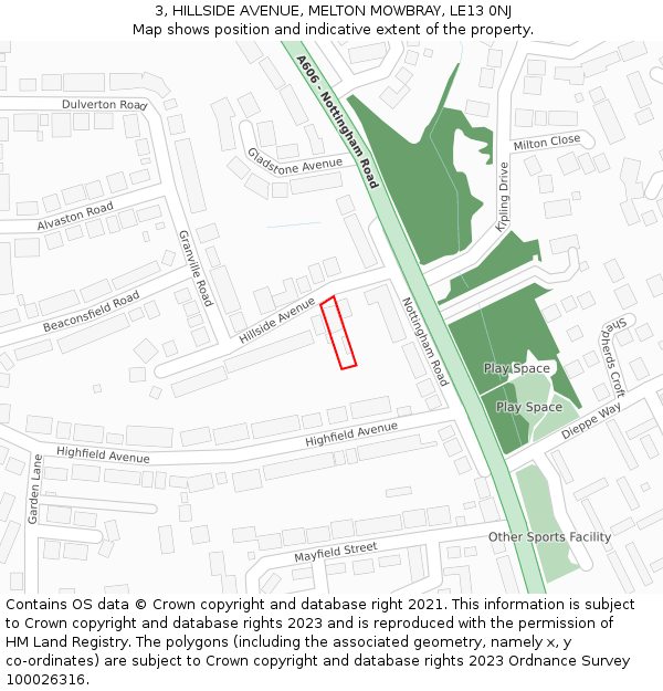 3, HILLSIDE AVENUE, MELTON MOWBRAY, LE13 0NJ: Location map and indicative extent of plot