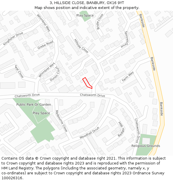 3, HILLSIDE CLOSE, BANBURY, OX16 9YT: Location map and indicative extent of plot