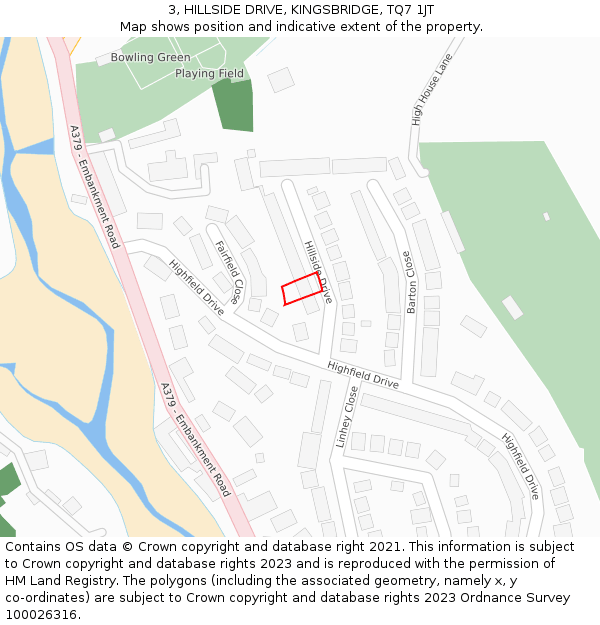 3, HILLSIDE DRIVE, KINGSBRIDGE, TQ7 1JT: Location map and indicative extent of plot