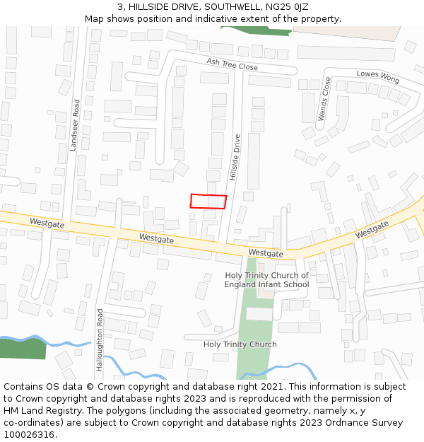 3, HILLSIDE DRIVE, SOUTHWELL, NG25 0JZ: Location map and indicative extent of plot