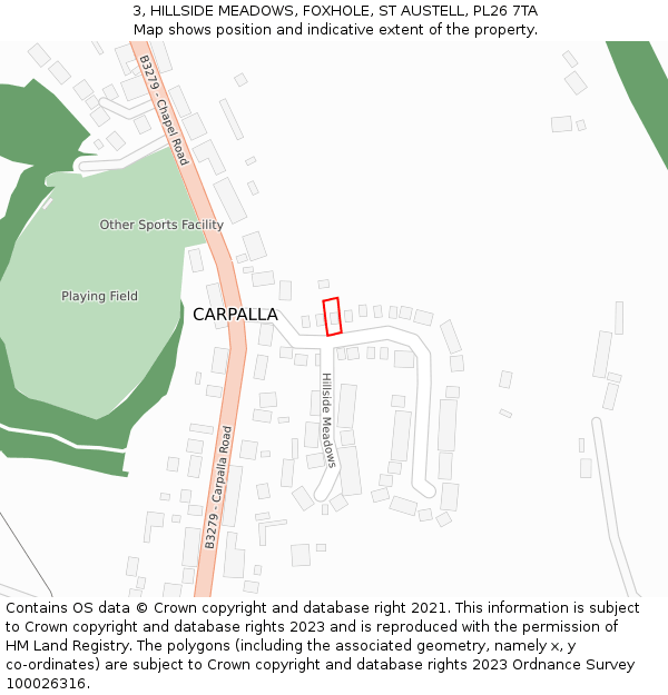 3, HILLSIDE MEADOWS, FOXHOLE, ST AUSTELL, PL26 7TA: Location map and indicative extent of plot