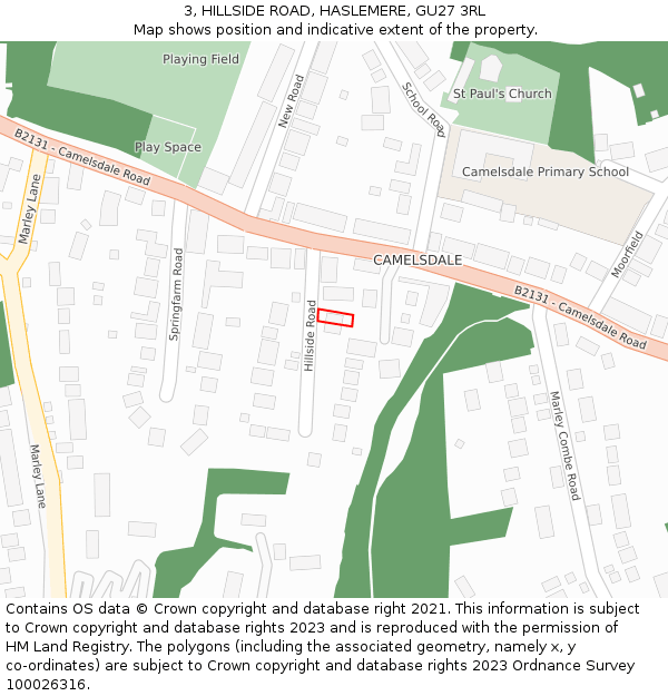 3, HILLSIDE ROAD, HASLEMERE, GU27 3RL: Location map and indicative extent of plot