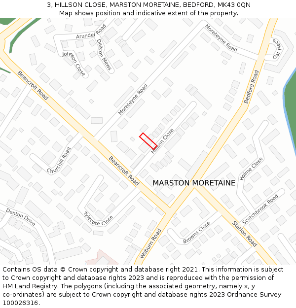 3, HILLSON CLOSE, MARSTON MORETAINE, BEDFORD, MK43 0QN: Location map and indicative extent of plot