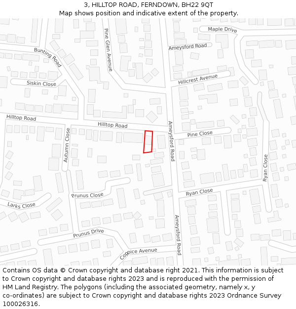 3, HILLTOP ROAD, FERNDOWN, BH22 9QT: Location map and indicative extent of plot