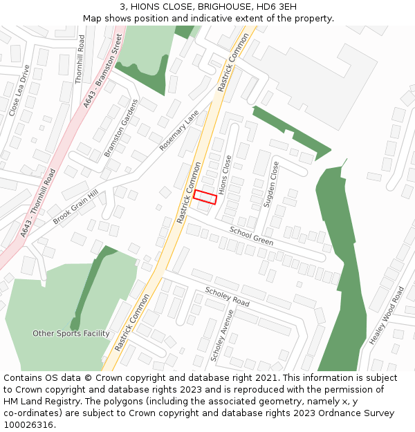 3, HIONS CLOSE, BRIGHOUSE, HD6 3EH: Location map and indicative extent of plot