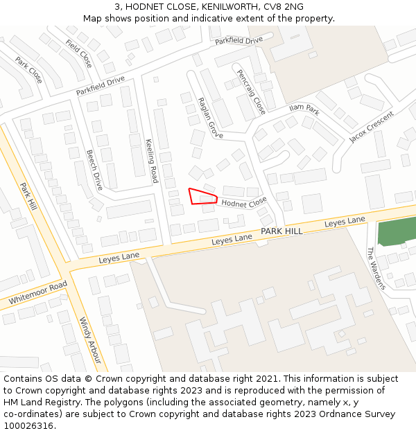 3, HODNET CLOSE, KENILWORTH, CV8 2NG: Location map and indicative extent of plot