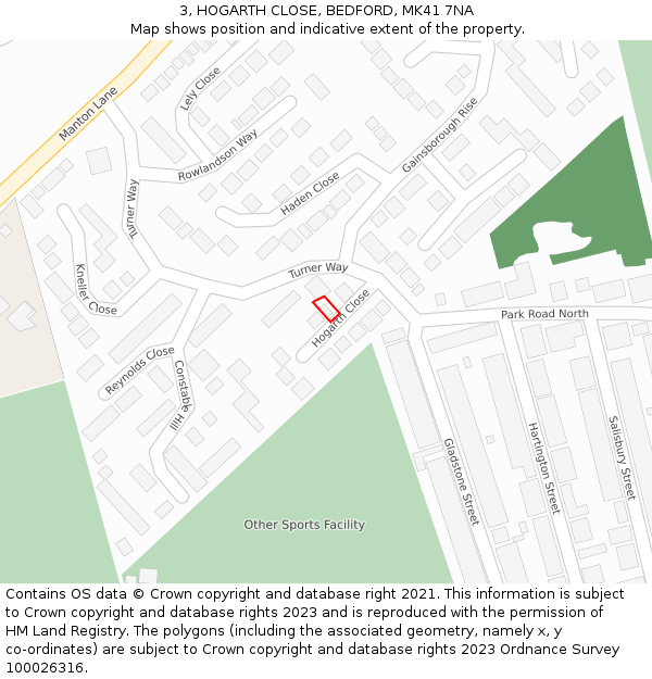 3, HOGARTH CLOSE, BEDFORD, MK41 7NA: Location map and indicative extent of plot