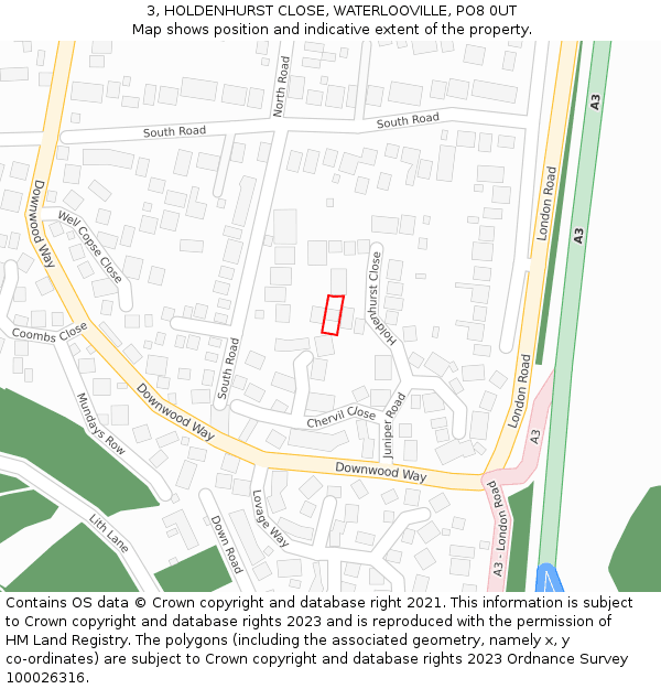 3, HOLDENHURST CLOSE, WATERLOOVILLE, PO8 0UT: Location map and indicative extent of plot