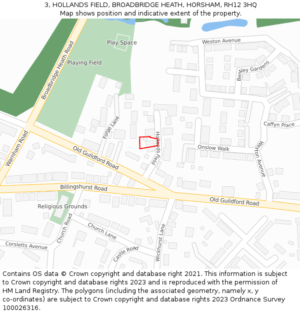 3, HOLLANDS FIELD, BROADBRIDGE HEATH, HORSHAM, RH12 3HQ: Location map and indicative extent of plot