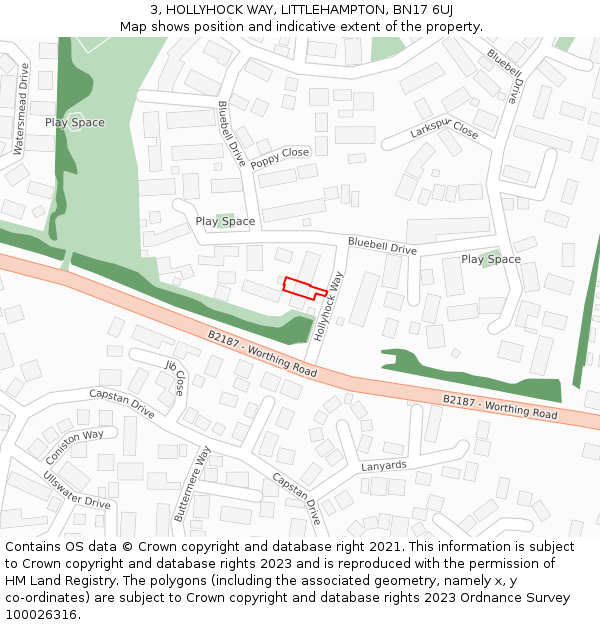 3, HOLLYHOCK WAY, LITTLEHAMPTON, BN17 6UJ: Location map and indicative extent of plot