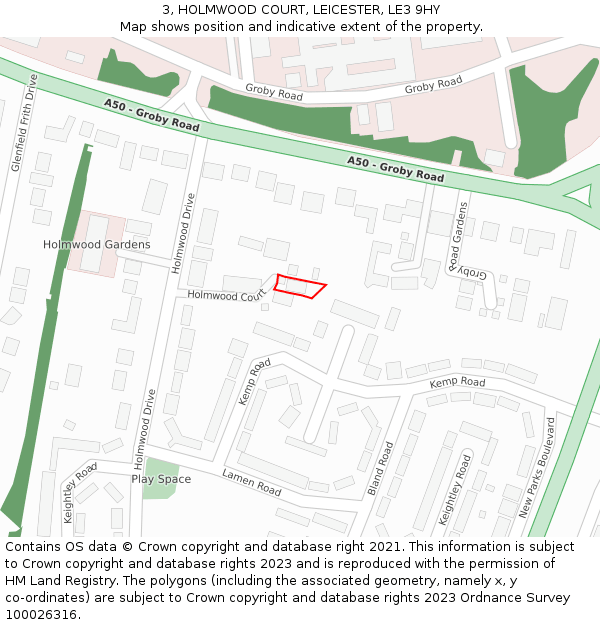 3, HOLMWOOD COURT, LEICESTER, LE3 9HY: Location map and indicative extent of plot