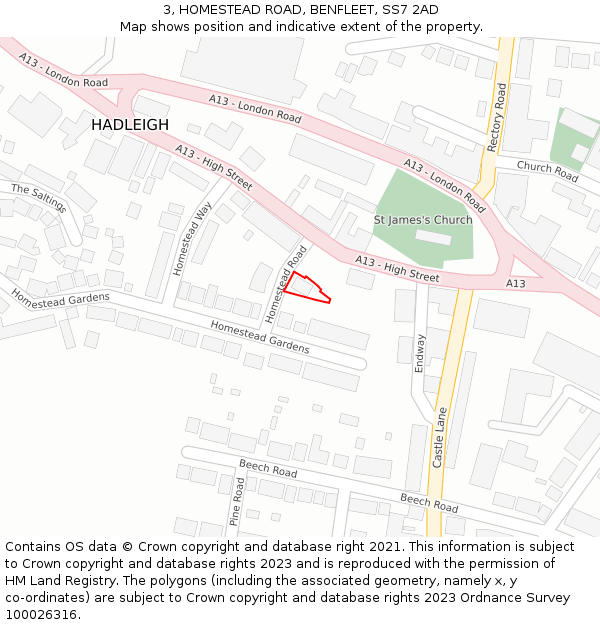 3, HOMESTEAD ROAD, BENFLEET, SS7 2AD: Location map and indicative extent of plot