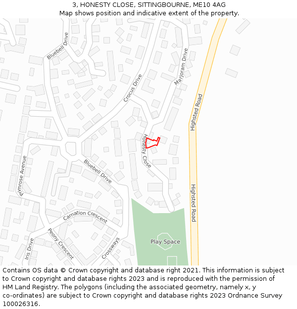 3, HONESTY CLOSE, SITTINGBOURNE, ME10 4AG: Location map and indicative extent of plot