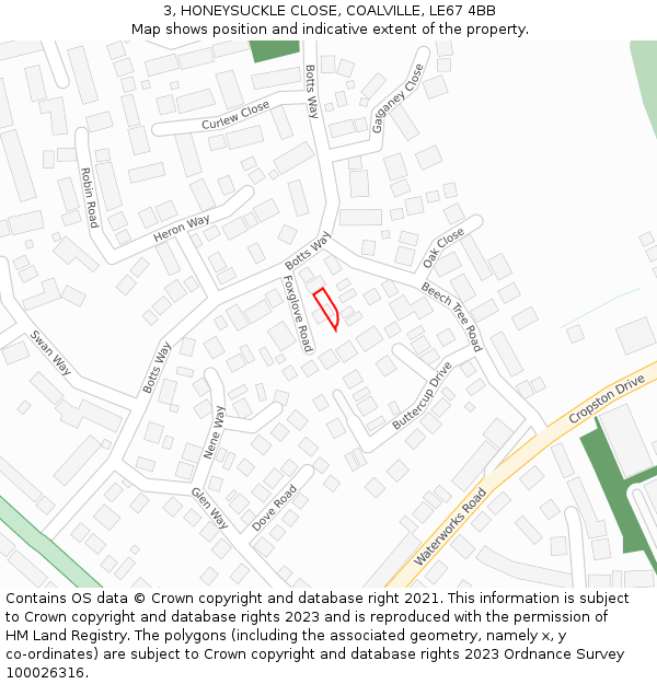 3, HONEYSUCKLE CLOSE, COALVILLE, LE67 4BB: Location map and indicative extent of plot