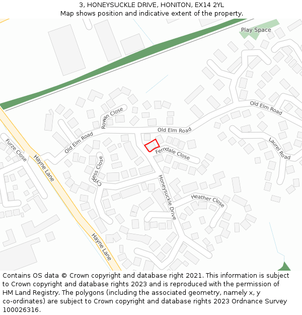 3, HONEYSUCKLE DRIVE, HONITON, EX14 2YL: Location map and indicative extent of plot
