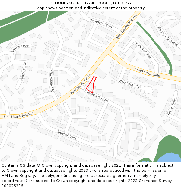 3, HONEYSUCKLE LANE, POOLE, BH17 7YY: Location map and indicative extent of plot