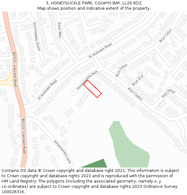 3, HONEYSUCKLE PARK, COLWYN BAY, LL29 6DZ: Location map and indicative extent of plot