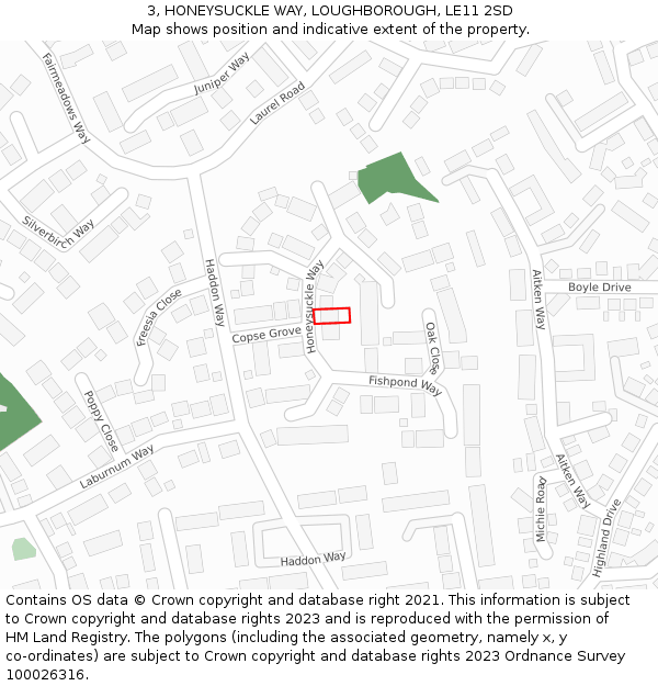 3, HONEYSUCKLE WAY, LOUGHBOROUGH, LE11 2SD: Location map and indicative extent of plot