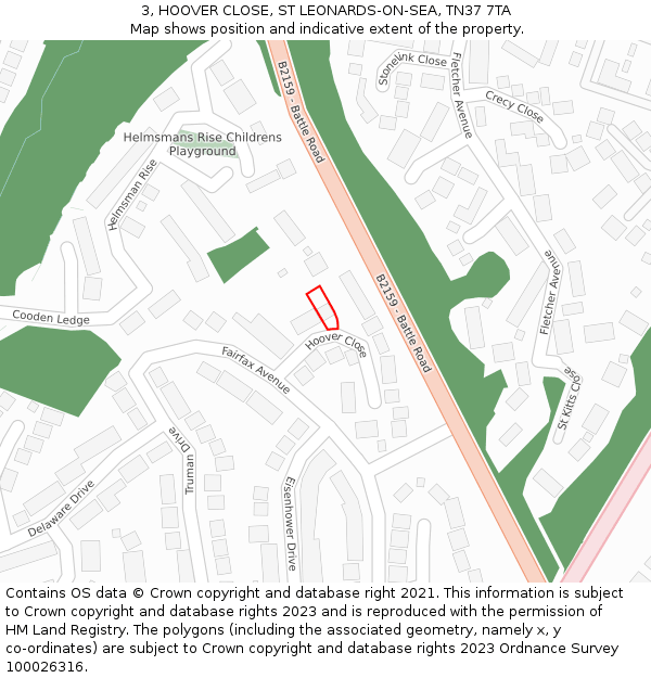 3, HOOVER CLOSE, ST LEONARDS-ON-SEA, TN37 7TA: Location map and indicative extent of plot