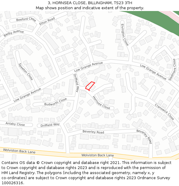 3, HORNSEA CLOSE, BILLINGHAM, TS23 3TH: Location map and indicative extent of plot