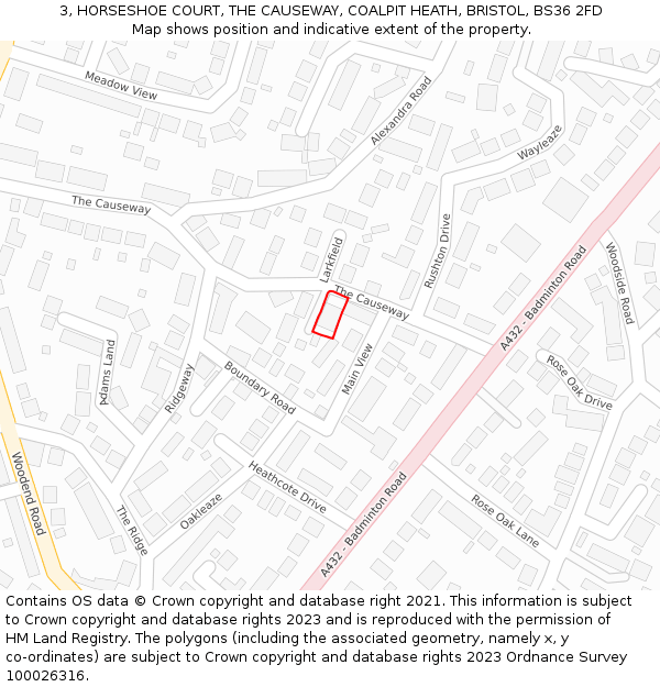 3, HORSESHOE COURT, THE CAUSEWAY, COALPIT HEATH, BRISTOL, BS36 2FD: Location map and indicative extent of plot