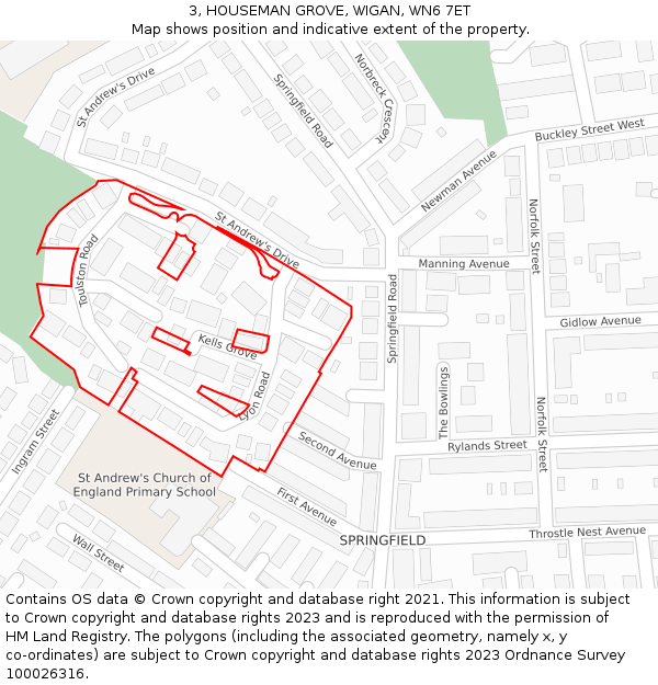 3, HOUSEMAN GROVE, WIGAN, WN6 7ET: Location map and indicative extent of plot