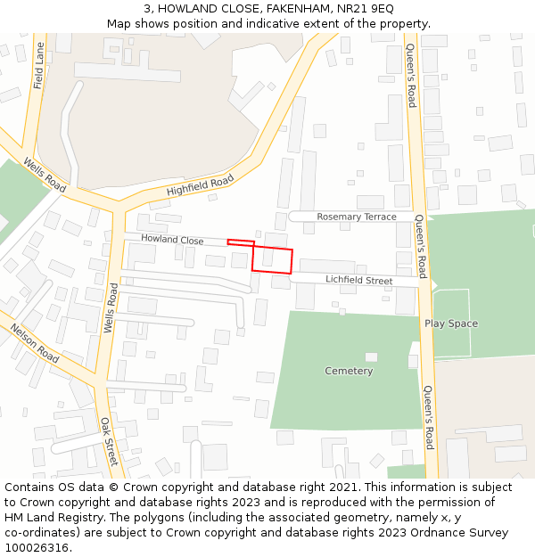 3, HOWLAND CLOSE, FAKENHAM, NR21 9EQ: Location map and indicative extent of plot