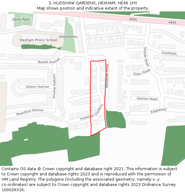 3, HUDSHAW GARDENS, HEXHAM, NE46 1HY: Location map and indicative extent of plot