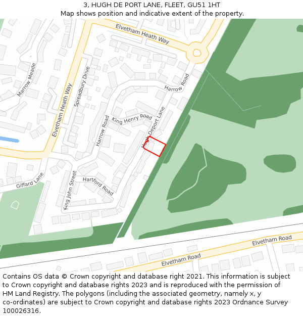 3, HUGH DE PORT LANE, FLEET, GU51 1HT: Location map and indicative extent of plot